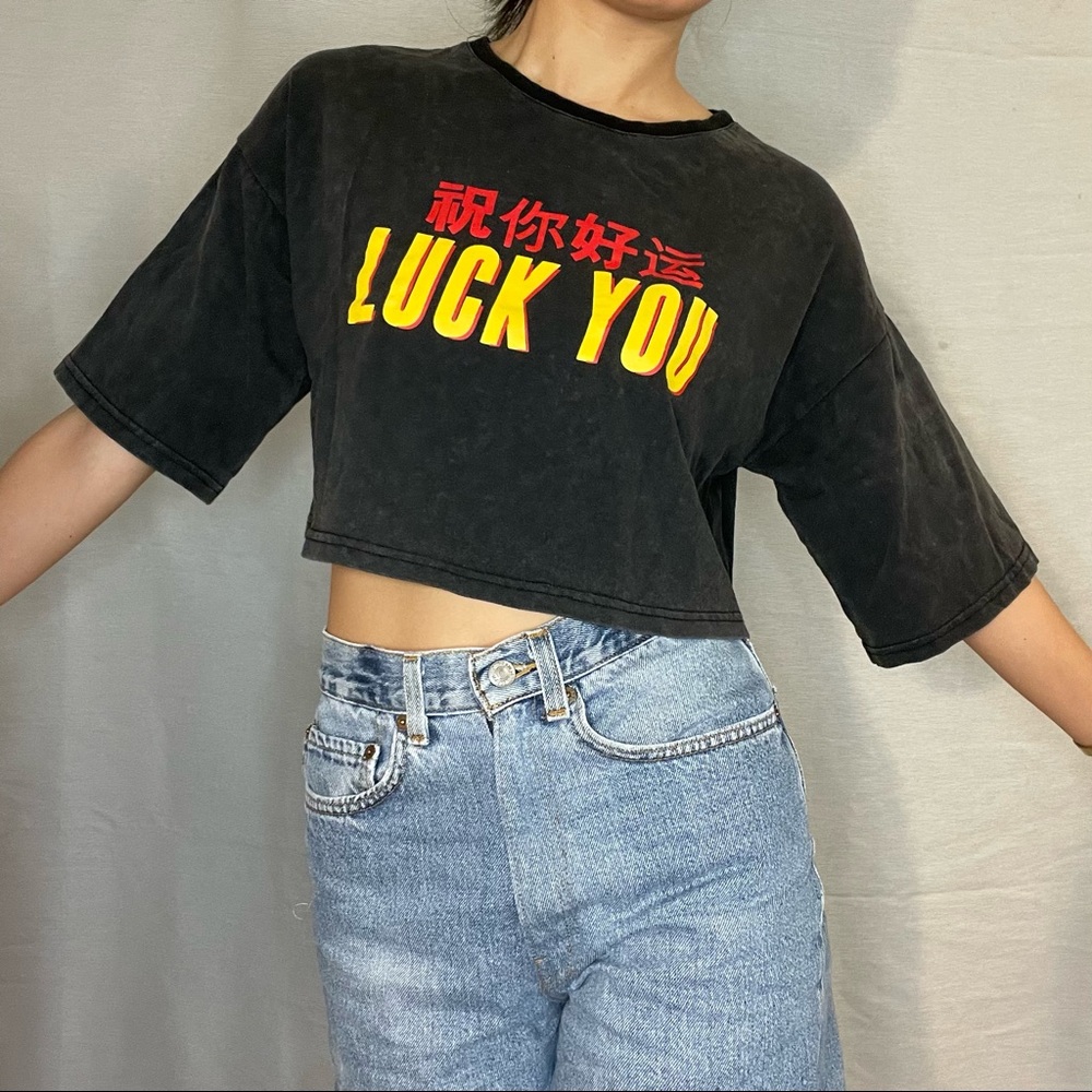 LUCK YOU Crop Tee T-shirt Faded Acid Gray M